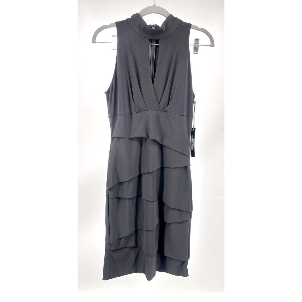 WHBM Instantly Slimming Dress Womens 6 Black Tiered Mock Neck Midi NWT